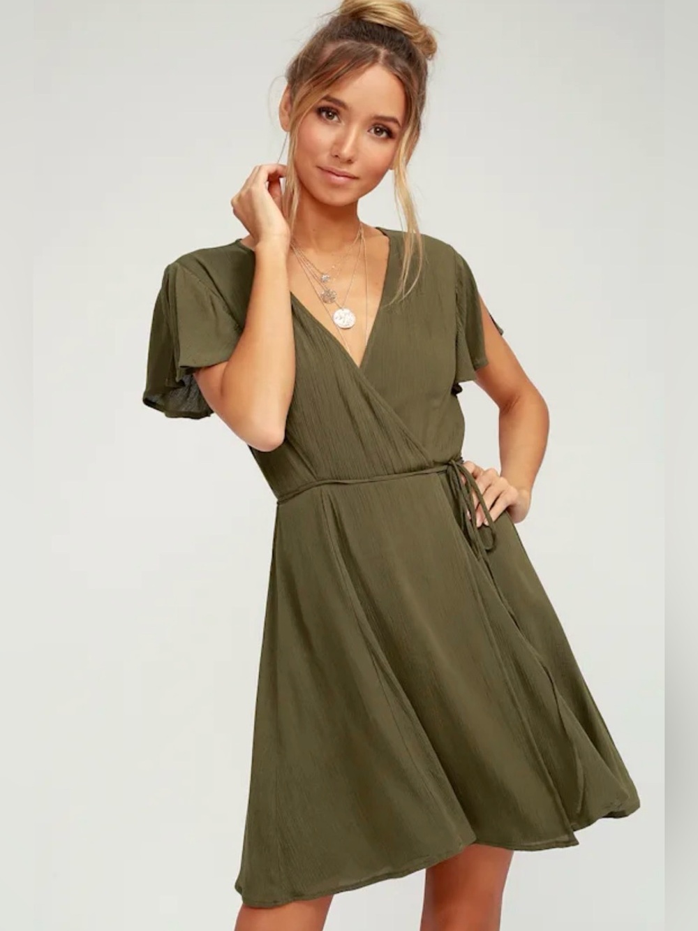 Lulus Olive Green True Wrap Mini Dress Sz L Flutter Sleeve V Neck Party Event